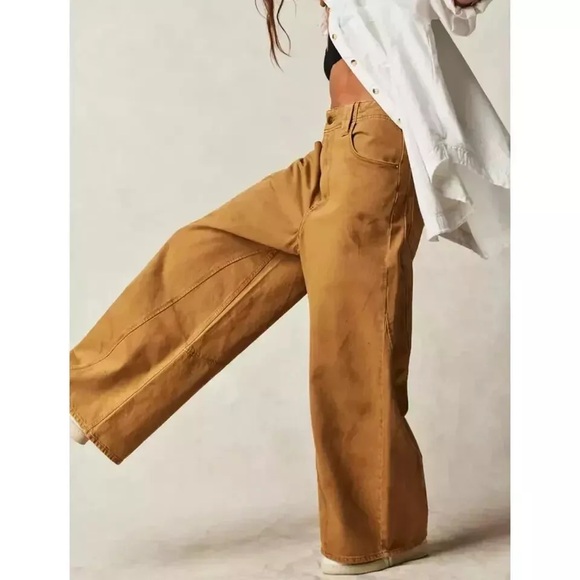 Free People We The Chill Vibes Scout Tan Dropped Wide Leg Jeans. NEW WITH TAGS - Picture 3 of 7